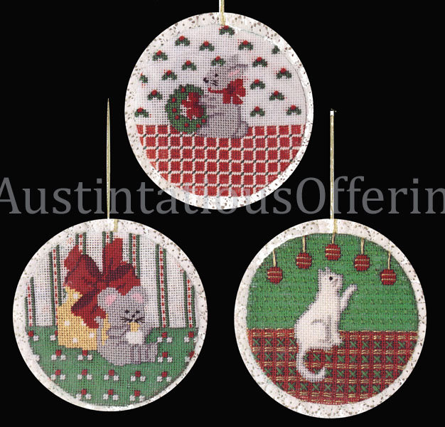 Rare Christmas Ornament Set Needlepoint Kit KittyCat Mouse Bunny